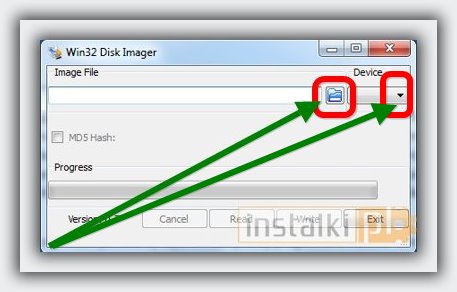 открыть диск и папку в программе Win32 Disk Imager